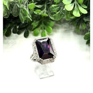 Silver Tone Cocktail Ring With Large Purple Stone and Clear Rhinestone Accents